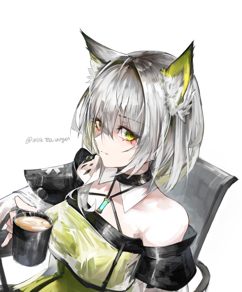 1girl absurdres animal_ears arknights bare_shoulders cat_ears coffee cup green_eyes grey_hair highres holding holding_cup kal'tsit_(arknights) lab_coat looking_at_viewer milktea_wegan simple_background solo white_background