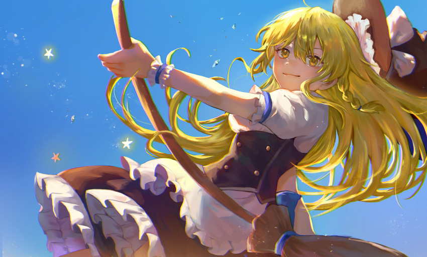 1girl 86058810 apron black_skirt blonde_hair braid broom commentary_request frilled_apron frilled_skirt frills hat highres holding holding_broom kirisame_marisa long_hair puffy_short_sleeves puffy_sleeves shirt short_sleeves single_braid skirt sky solo star_(symbol) touhou waist_apron white_apron white_shirt witch_hat wrist_cuffs