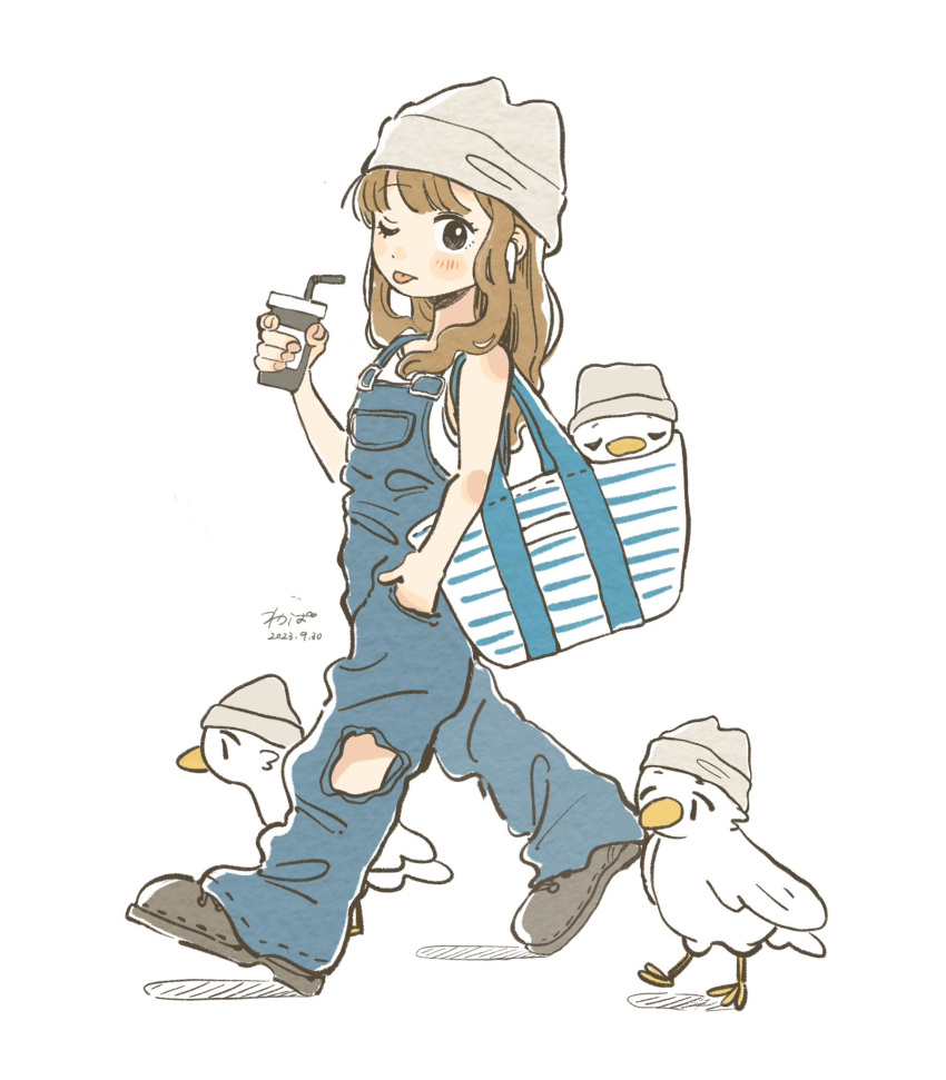 1girl ;p bag beanie bird black_eyes blue_overalls brown_hair cup full_body grey_footwear hand_in_pocket hat highres holding holding_cup looking_at_viewer medium_hair one_eye_closed original overalls shirt shoulder_bag solo tongue tongue_out torn_clothes torn_overalls wakaba_maekawa white_bag white_headwear white_shirt