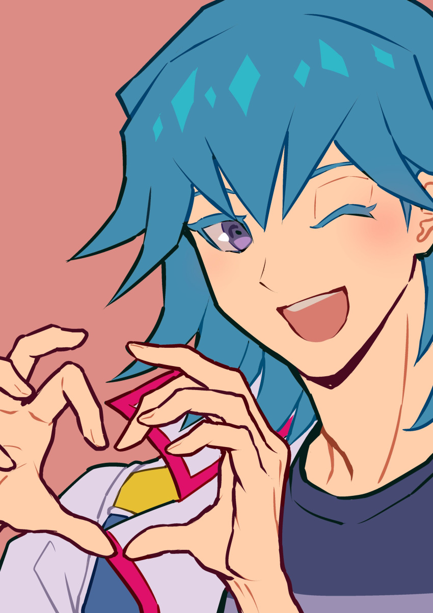 1boy absurdres blue_hair blue_shirt bruno_(yu-gi-oh!) flat_color happy heart heart_hands highres jacket male_focus one_eye_closed open_clothes open_jacket open_mouth pink_background shirt simple_background smile solo t-shirt upper_body violet_eyes white_jacket youko-shima yu-gi-oh! yu-gi-oh!_5d's