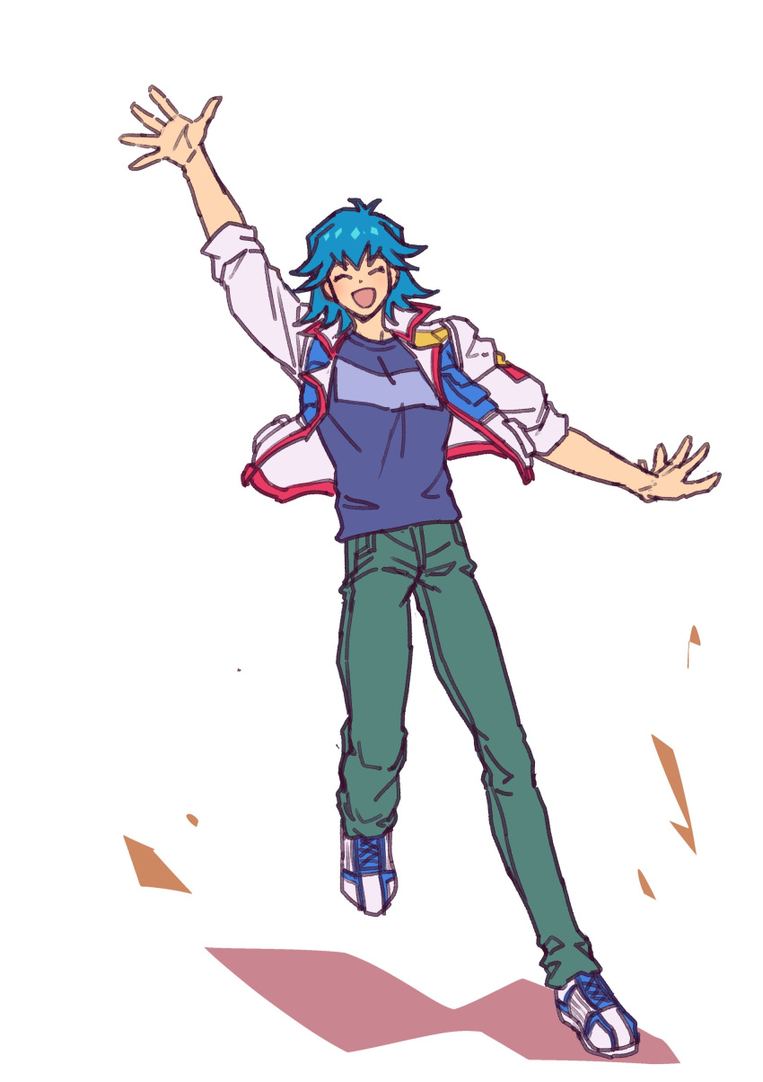1boy absurdres arm_up blue_hair blue_shirt bruno_(yu-gi-oh!) closed_eyes commentary_request facing_viewer full_body green_pants high_collar highres jacket male_focus open_clothes open_jacket open_mouth pants running shirt shoes short_hair simple_background sleeves_rolled_up smile sneakers solo t-shirt waving white_background white_footwear youko-shima yu-gi-oh! yu-gi-oh!_5d's