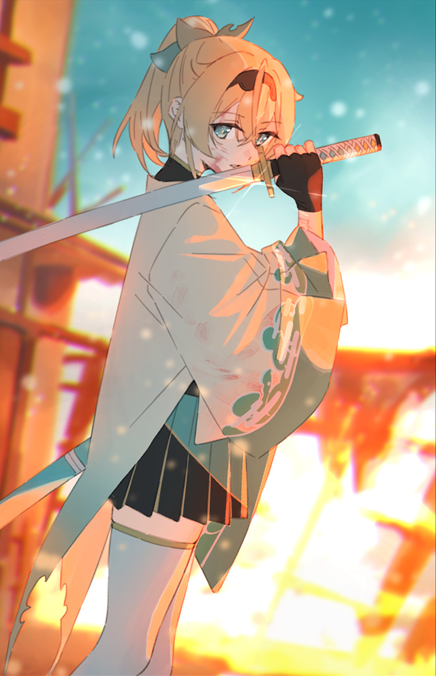 1girl aqua_eyes black_gloves black_hairband blonde_hair blood blood_on_clothes blood_on_face burning fiery_background fingerless_gloves fire gloves hair_ornament hairband haori highres holding holding_sword holding_weapon hololive japanese_clothes joker_(tomakin524) katana kazama_iroha kazama_iroha_(1st_costume) leaf_hair_ornament long_hair pleated_skirt ponytail scabbard sheath shrug_(clothing) skirt solo sword thigh-highs torn_clothes virtual_youtuber weapon white_thighhighs