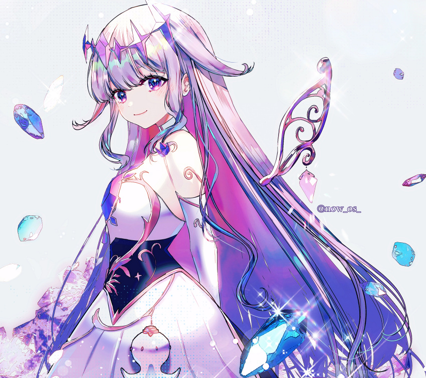 1girl black_corset blue_gemstone blunt_bangs breasts bridal_gauntlets center-flap_bangs chest_jewel collar colored_inner_hair commentary corset cowboy_shot crystal_wings detached_collar double-parted_bangs dress gem gradient_hair grey_hair hair_flaps highres hololive hololive_english koseki_bijou light_blush long_hair looking_at_viewer medium_breasts multicolored_hair pink_hair purple_hair sidelocks single_bridal_gauntlet solo sowon sparkle symbol-only_commentary twitter_username very_long_hair violet_eyes virtual_youtuber white_bridal_gauntlets white_collar white_dress