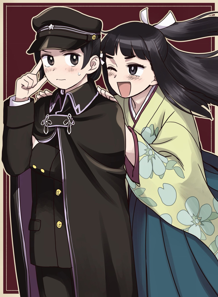 2girls ;d ace_attorney black_cape black_eyes black_hair black_headwear black_jacket black_pants blunt_bangs brown_eyes cape closed_mouth commentary_request crossdressing floral_print hair_ribbon hakama hakama_skirt hand_up hands_on_another's_shoulders hat highres jacket japanese_clothes kimono long_hair long_sleeves looking_at_another multiple_girls one_eye_closed open_mouth outline pants peaked_cap red_background rei_membami ribbon ryutaro_naruhodo short_hair skirt smile susato_mikotoba the_great_ace_attorney the_great_ace_attorney_2:_resolve thinking tsukiyo_michi wide_sleeves yellow_kimono