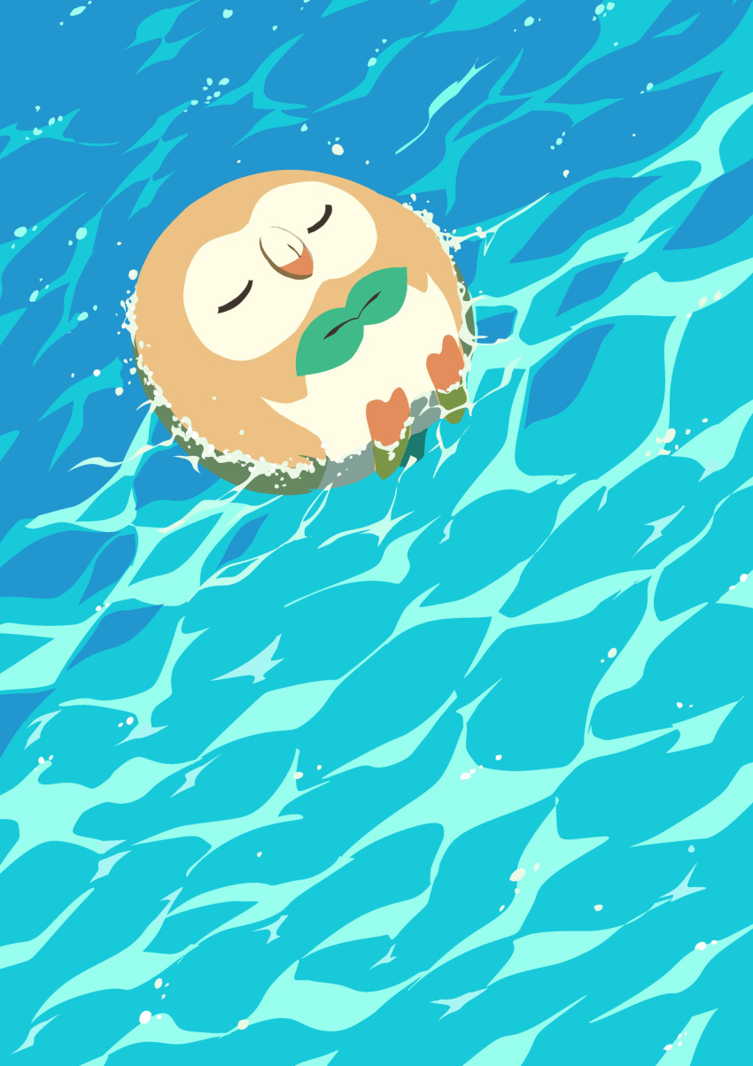 absurdres afloat animal_focus bird closed_eyes day feathers highres lying no_humans ocean on_back outdoors owl pokemon pokemon_(creature) rowlet water youko-shima