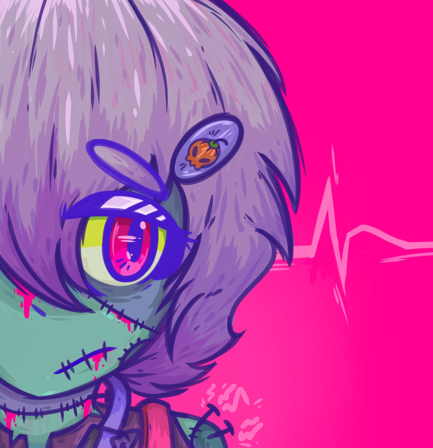 1girl green_skin pink_background pink_eyes purple_hair sad_smile zombie zombie_girl