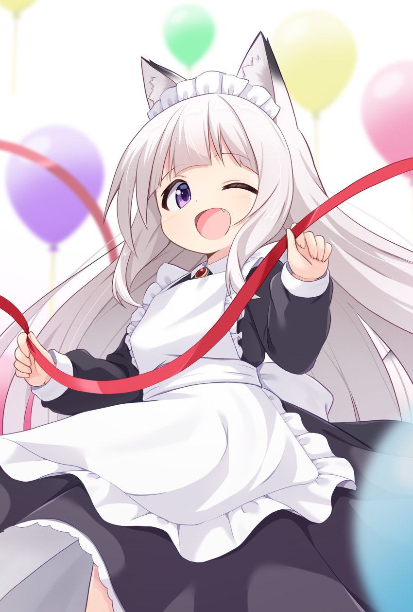 1girl animal_ear_fluff animal_ears apron arched_bangs balloon black_dress blunt_bangs blurry blurry_background brooch cowboy_shot dress fang fox_ears fox_girl frilled_apron frills grey_hair highres jewelry long_hair long_sleeves looking_at_viewer maid maid_apron maid_headdress mogura2009 one_eye_closed open_mouth original puffy_long_sleeves puffy_sleeves red_ribbon ribbon solo violet_eyes white_apron