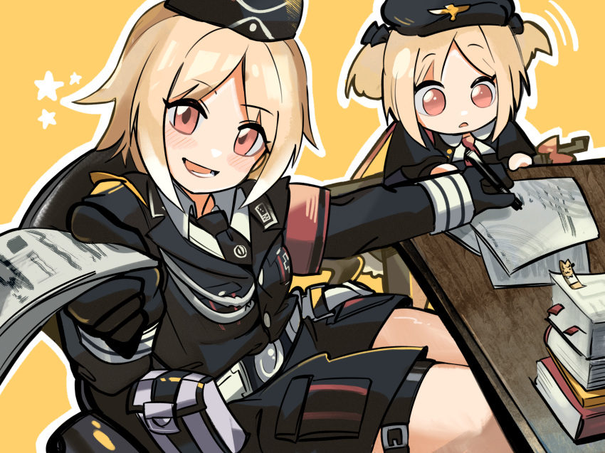 :d aiguillette belt beret black_bow black_headwear black_jacket black_necktie blonde_hair blush book book_stack bow breasts brown_eyes chesed_(uporyz) collared_shirt commission from_above garrison_cap girls_frontline gun hair_bow hand_up hat highres holding holding_paper holding_pen jacket long_sleeves lower_teeth_only medium_breasts medium_hair military_hat military_uniform mp40 mp40_(girls'_frontline) mp40_(thumbelina)_(girls'_frontline) necktie on_chair open_mouth outline paper parted_lips pen pouch shirt sitting skeb_commission smile submachine_gun table teeth thigh_strap twintails uniform weapon white_outline white_shirt yellow_background
