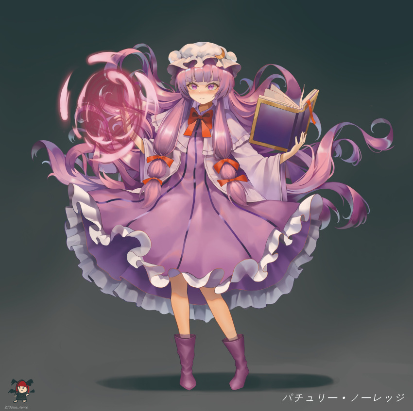 2girls absurdres blush book boots character_name closed_mouth crescent crescent_hat_ornament dobostorte dress frilled_dress frills full_body hat hat_ornament highres holding holding_book koakuma long_hair long_sleeves mob_cap multiple_girls open_book patchouli_knowledge purple_dress purple_footwear purple_hair solo_focus striped striped_dress touhou twitter_username vertical-striped_dress vertical_stripes violet_eyes white_headwear wide_sleeves