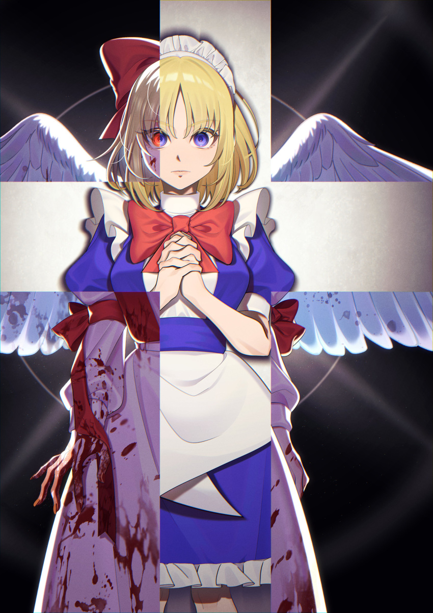 2girls absurdres angel_wings blonde_hair blood blood_on_clothes blood_on_hands blue_dress blue_eyes bow cross dress feathered_wings frills gengetsu_(touhou) guumin hair_bow highres long_sleeves maid maid_headdress mugetsu_(touhou) multiple_girls own_hands_together puffy_long_sleeves puffy_sleeves red_bow red_eyes ribbon short_hair short_sleeves skirt touhou touhou_(pc-98) turtleneck white_wings wings