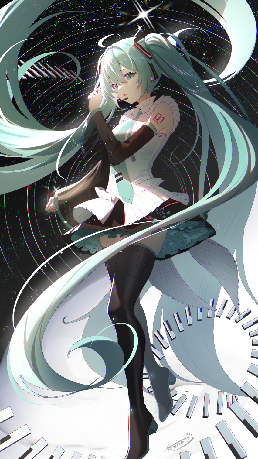 1girl absurdres aqua_eyes aqua_hair aqua_nails aqua_necktie boots chinese_commentary commentary_request detached_sleeves hair_ornament hatsune_miku hatsune_miku_happy_16th_birthday_-dear_creators- headphones highres long_hair looking_at_viewer miku_day necktie night night_sky ningjuice number_tattoo piano_keys see-through see-through_sleeves shirt sky sleeveless sleeveless_shirt solo star_(sky) tattoo thigh_boots twintails very_long_hair vocaloid white_shirt
