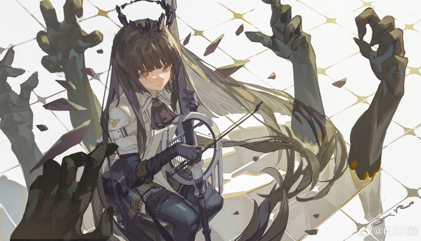 1girl absurdly_long_hair absurdres arknights artist_name ascot belt belt_buckle black_ascot black_gloves black_hair black_halo black_pouch black_skirt black_sleeves black_thighhighs black_wings blunt_bangs bow_(music) breasts broken_halo buckle cello chair chinese_commentary chinese_text closed_mouth collared_jacket colored_inner_hair commentary_request dark_halo detached_wings energy_wings feet_out_of_frame floating_hair floor from_above from_side gloves grey_eyes grey_hair grey_shirt gsr halo hands_up highres hime_cut holding holding_bow_(music) holding_instrument holding_violin instrument jacket layered_sleeves light_smile long_hair long_sleeves looking_at_viewer looking_to_the_side looking_up miniskirt mole mole_under_eye multicolored_hair multiple_hands music on_chair pale_color pale_skin playing playing_instrument pleated_skirt pouch shade shadow shirt short_over_long_sleeves short_sleeved_jacket short_sleeves sidelighting sidelocks sideways_glance sitting skirt small_breasts solo thigh-highs tile_floor tiles two-tone_hair very_long_hair violin virtuosa_(arknights) watermark weibo_logo weibo_username white_belt white_jacket wide_sleeves wing_collar wings wooden_chair yellow_pupils zettai_ryouiki