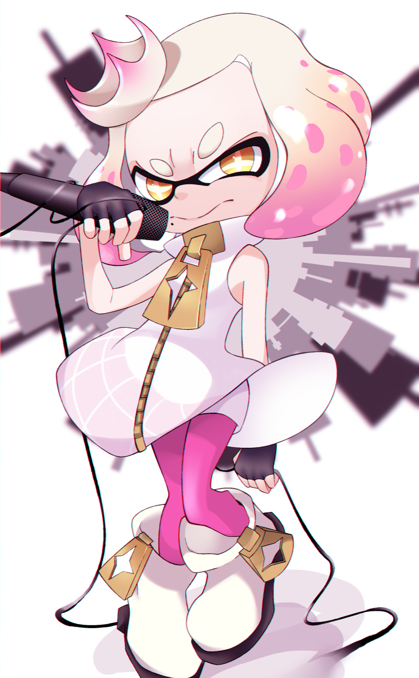 1girl absurdres bare_shoulders black_gloves blurry blurry_background closed_mouth crown dress english_commentary fingerless_gloves gloves gradient_hair highres looking_at_viewer microphone mole mole_under_mouth multicolored_hair omnivore-kun_(pixiv92911323) pantyhose pearl_(splatoon) pink_hair pink_pantyhose shoes short_hair sleeveless sleeveless_dress solo splatoon_(series) splatoon_2 star-shaped_pupils star_(symbol) symbol-shaped_pupils two-tone_hair white_background white_dress white_footwear white_hair wire yellow_eyes zipper zipper_pull_tab