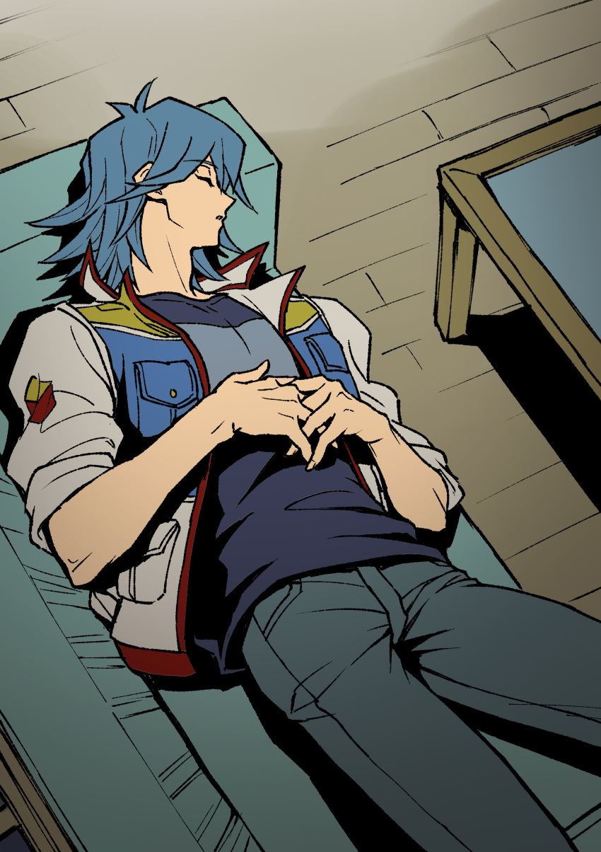 1boy absurdres blue_hair blue_shirt bruno_(yu-gi-oh!) closed_eyes coffee_table couch denim floor hands_on_own_stomach high_collar highres indoors jacket jeans male_focus night on_couch open_clothes open_jacket own_hands_together pants parted_lips shirt short_hair sleeping sleeves_rolled_up solo t-shirt table wooden_floor youko-shima yu-gi-oh! yu-gi-oh!_5d's