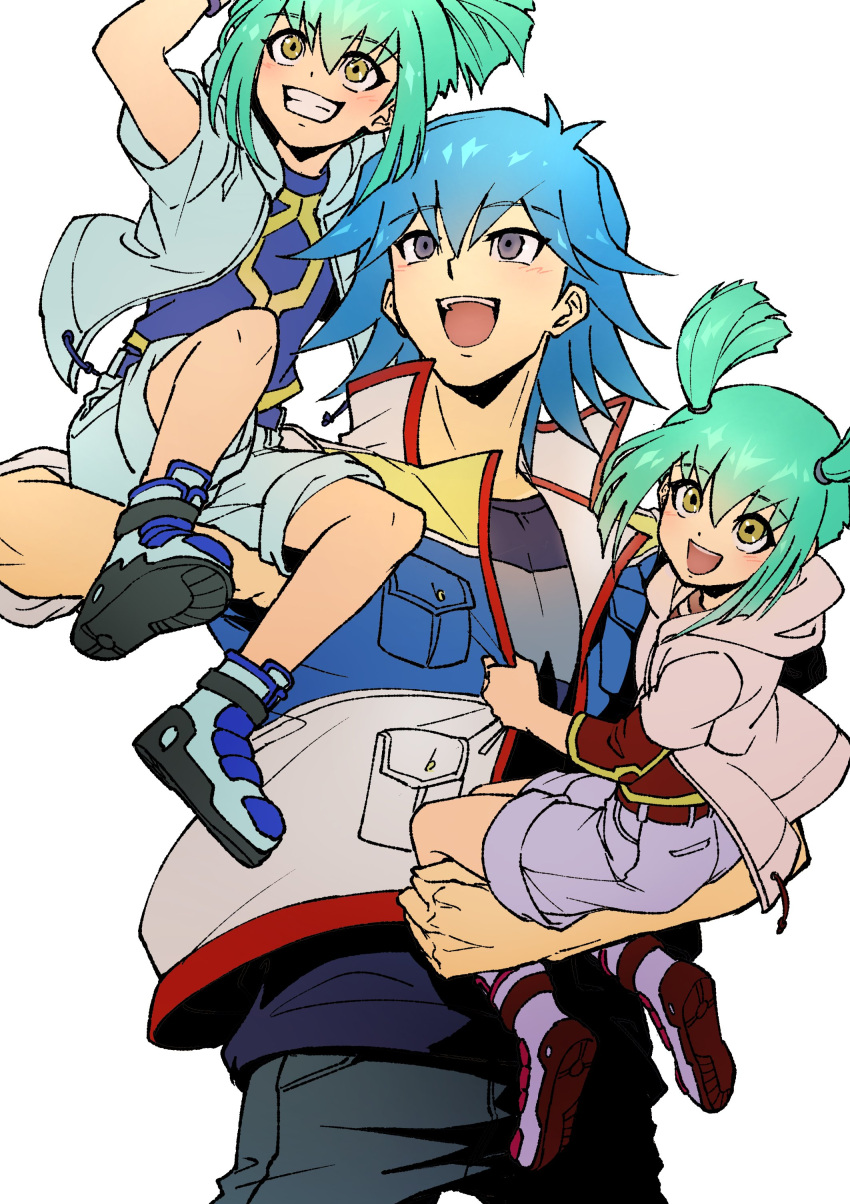 1girl 2boys absurdres arm_up blue_footwear blue_hair blue_jacket blue_shirt blue_shorts bruno_(yu-gi-oh!) carrying carrying_person child clothes_grab denim green_hair grin happy high_collar high_ponytail highres hood hooded_jacket jacket jeans layered_sleeves long_sleeves looking_up lua_(yu-gi-oh!) luca_(yu-gi-oh!) male_focus multiple_boys open_clothes open_jacket open_mouth pants pink_jacket ponytail purple_footwear purple_shorts red_footwear red_shirt shirt shoes short_hair short_ponytail short_sleeves short_twintails shorts simple_background sitting sleeves_rolled_up smile standing twintails violet_eyes white_background white_jacket wristband yellow_eyes youko-shima yu-gi-oh! yu-gi-oh!_5d's