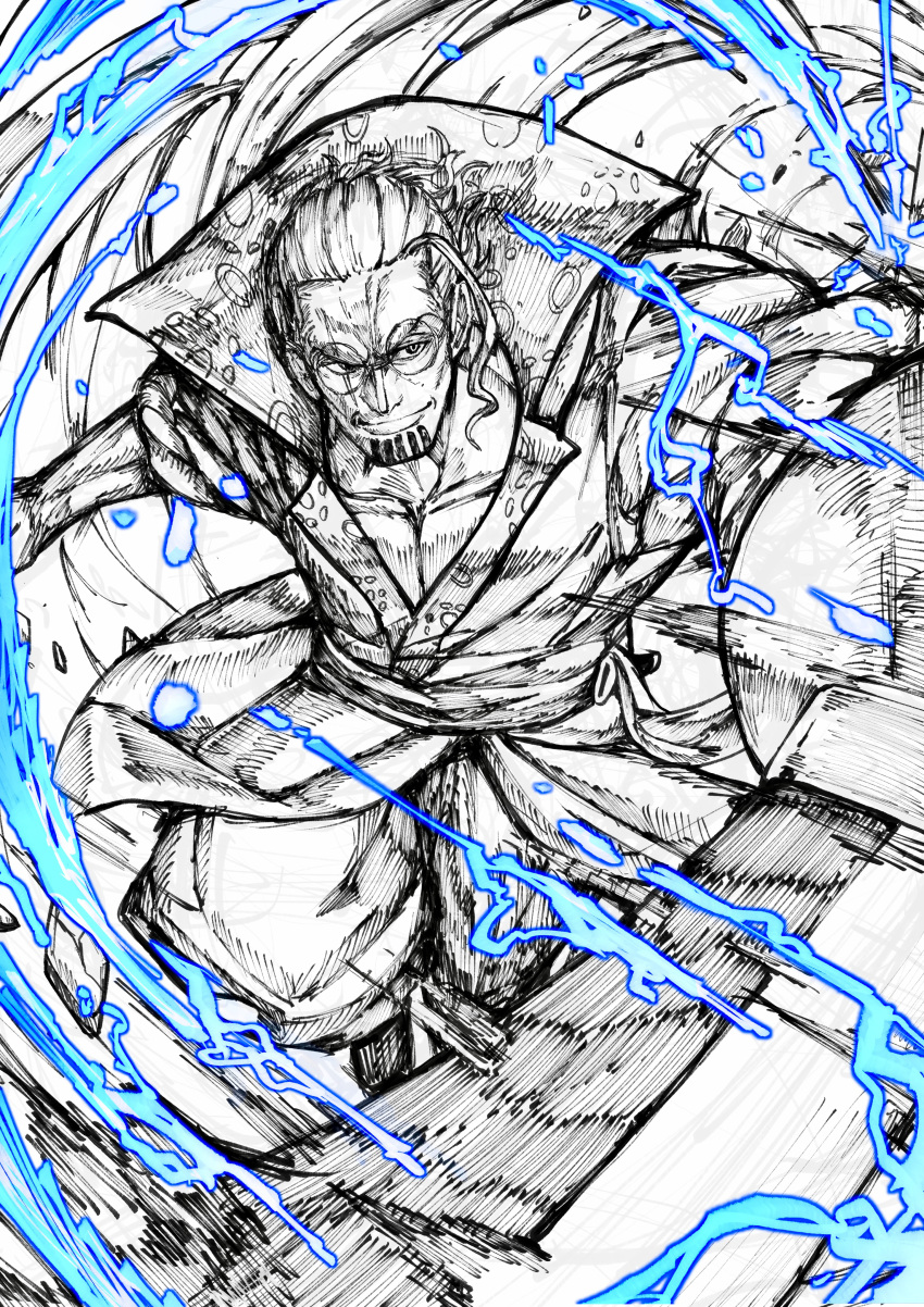 1boy absurdres beard closed_mouth facial_hair glasses highres holding holding_sword holding_weapon male_focus medium_hair monochrome one_piece round_eyewear satomaru31000 scar scar_across_eye scar_on_face silvers_rayleigh smile solo spot_color sword weapon