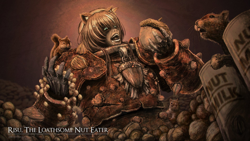 1girl acorn animal_ears animal_on_shoulder armor artist_name ayunda_risu baloolax bottle brown_hair cosplay crossover drooling dung_eater_(elden_ring) eating elden_ring english_text green_eyes hair_between_eyes hair_ornament hairclip hat highres holding_acorn hololive hololive_indonesia milk_bottle open_mouth saliva shaded_face simple_background solo squirrel squirrel_ears teeth upper_body