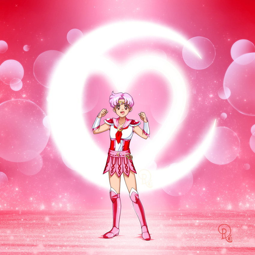 1boy arm_guards armor armored_boots bishoujo_senshi_sailor_moon boots chibi_usa circlet commentary commission crescent drachea_rannak english_commentary genderswap genderswap_(ftm) heart highres knee_boots male_focus open_mouth pink_hair pink_sailor_collar pink_skirt red_eyes sailor_chibi_moon sailor_collar shoulder_armor skirt smile solo watermark