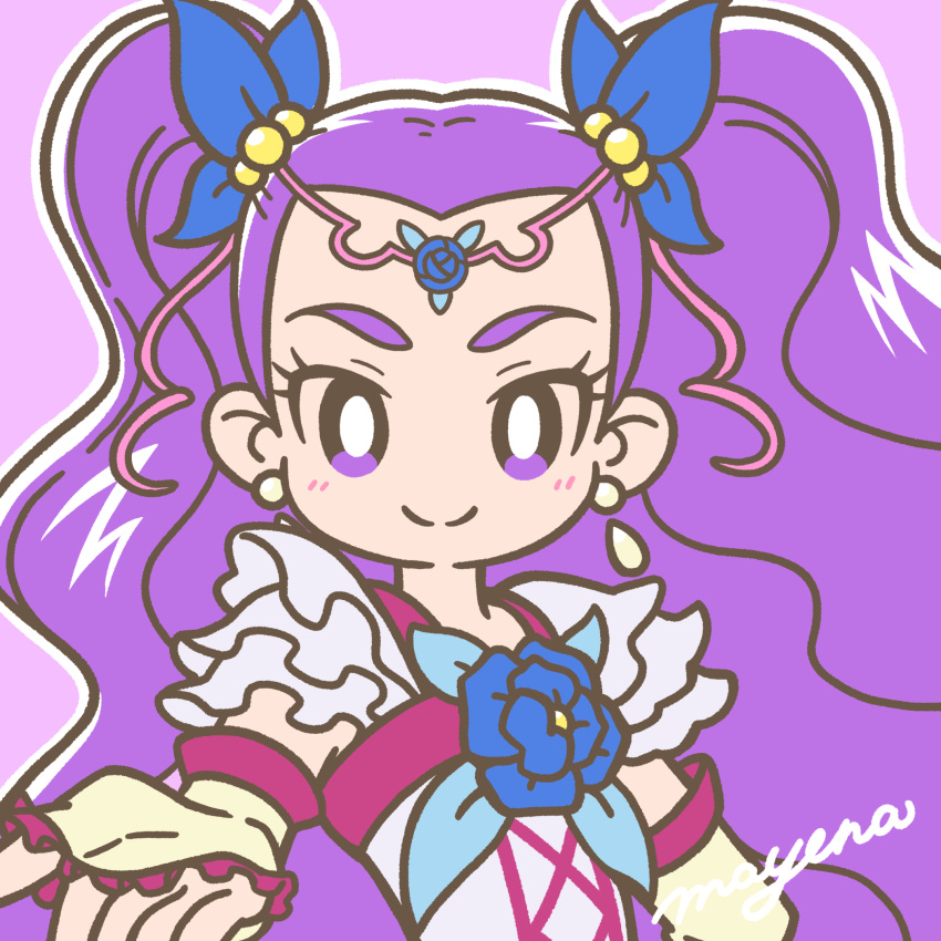 1girl blush brooch circlet closed_mouth earrings eyelashes frills gloves hair_ornament highres jewelry long_hair magical_girl mayena milky_rose mimino_kurumi outline outstretched_hand precure purple_background purple_hair signature simple_background smile solo twintails violet_eyes white_outline yes!_precure_5 yes!_precure_5_gogo!