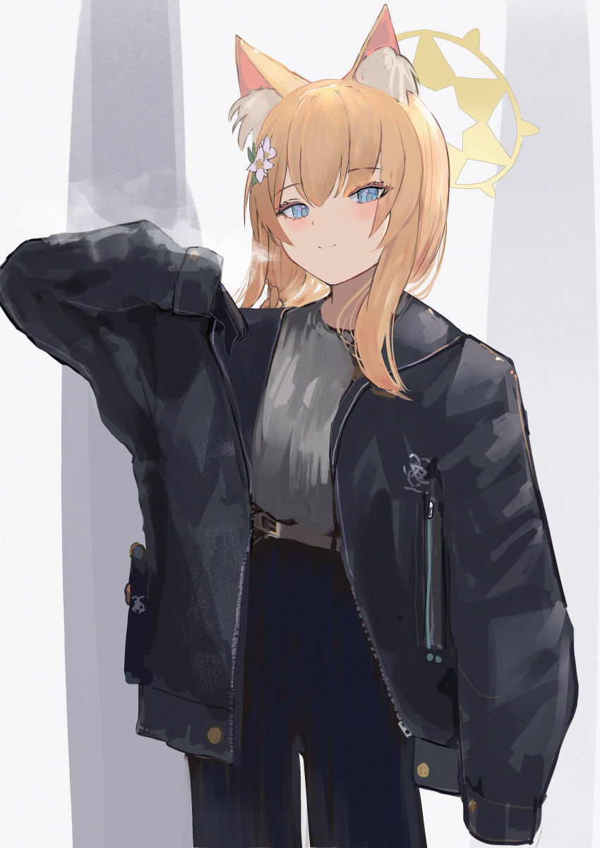 1girl absurdres animal_ear_fluff arm_up black_jacket blue_archive blue_eyes blue_pants blush breasts commentary dot_nose flower hair_flower hair_ornament hair_over_shoulder halo hand_up highres jacket leather leather_jacket legs looking_at_viewer mari_(blue_archive) medium_hair open_clothes open_jacket orange_hair pants shirt shirt_tucked_in simple_background sleeves_past_wrists smile solo standing t-shirt unzipped white_background yellow_halo yu-dachi