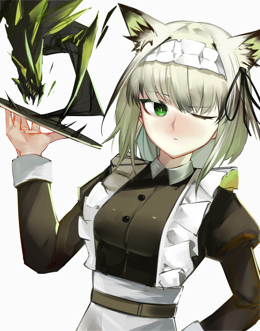1girl absurdres alternate_costume animal_ear_fluff animal_ears ao_oni_(onioni-aoi) arknights averting_eyes black_dress black_ribbon bright_pupils buttons cat_ears cat_girl closed_mouth collared_dress commentary_request dress embarrassed enmaided frilled_dress frilled_hairband frills green_eyes green_hair grey_hair hair_ribbon hairband hand_up highres holding holding_plate juliet_sleeves kal'tsit_(arknights) light_blush long_sleeves looking_to_the_side maid medium_hair mon3tr_(arknights) one_eye_closed plate puffy_sleeves ribbon simple_background solo upper_body white_background white_hairband white_pupils
