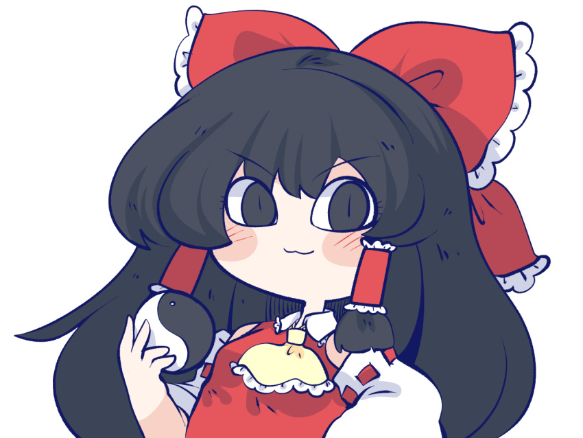 1girl :3 ascot bare_shoulders black_eyes black_hair blunt_ends blush bow chahan_(fried_rice0614) chibi collared_shirt detached_sleeves frilled_ascot frilled_bow frilled_hair_tubes frilled_shirt_collar frills hair_bow hair_tubes hakurei_reimu hand_up holding_orb long_hair long_sleeves looking_at_viewer orb red_bow red_ribbon red_shirt ribbon ribbon-trimmed_sleeves ribbon_trim shirt sidelocks simple_background sleeveless sleeveless_shirt solo touhou upper_body white_background wide_sleeves yellow_ascot yin_yang yin_yang_orb