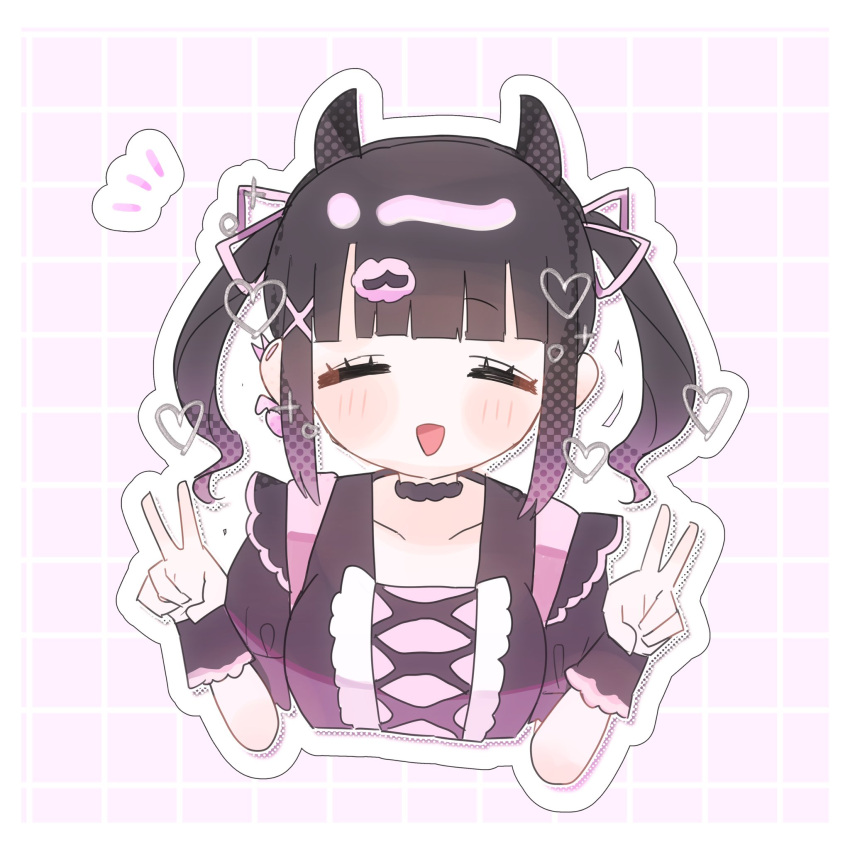 1girl :d black_choker black_dress black_hair blunt_bangs blush choker closed_eyes cropped_torso demon_horns denonbu double_v dress earrings facing_viewer hair_ornament hair_ribbon hands_up heart heart_earrings highres horns jewelry long_hair looking_at_viewer notice_lines ojii-san_no_oden open_mouth outline pink_background pink_ribbon puffy_short_sleeves puffy_sleeves reml ribbon short_sleeves smile solo twintails upper_body v white_outline wrist_cuffs x_hair_ornament