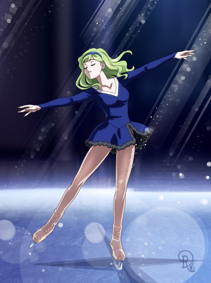1girl blue_dress blue_hairband breasts commentary commission drachea_rannak dress english_commentary figure_skating full_body green_hair hairband highres ice_skates light medium_breasts original outstretched_arms pantyhose short_dress skates solo watermark