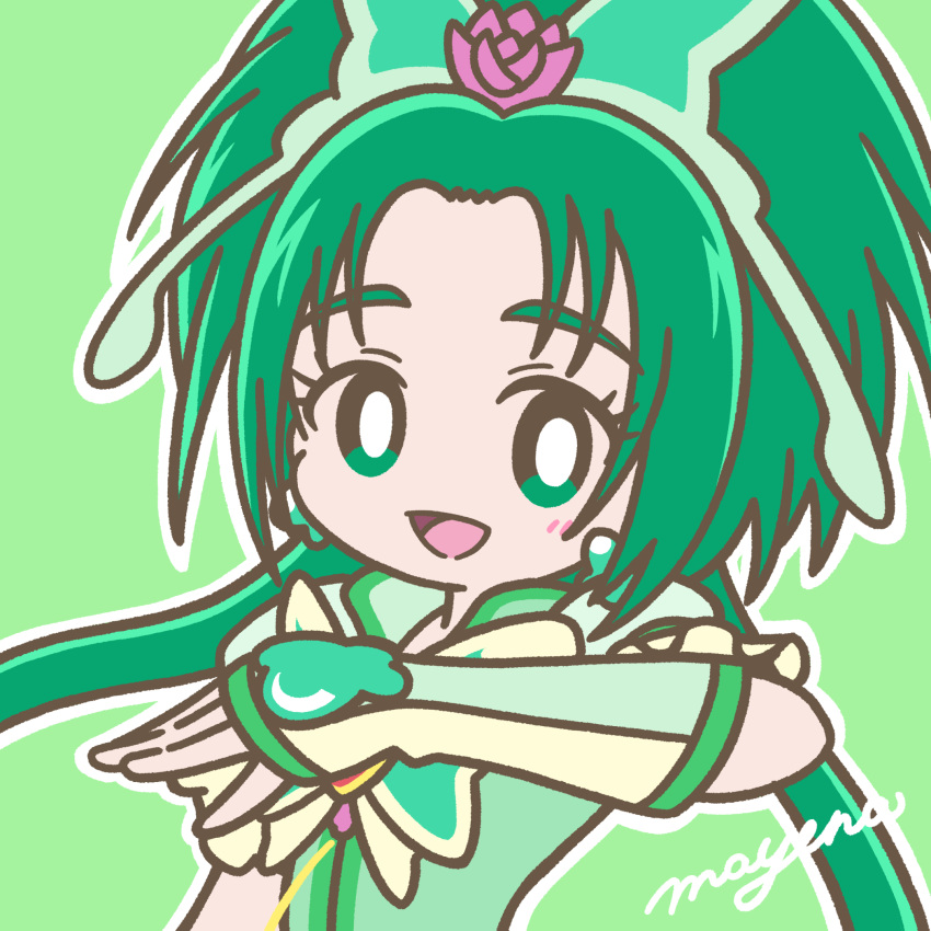 1girl akimoto_komachi blush brooch butterfly_hair_ornament cure_mint eyelashes forehead gloves green_background green_eyes green_hair hair_ornament highres jewelry long_hair looking_at_viewer magical_girl mayena open_mouth outline precure signature simple_background smile solo twintails upper_body white_outline yes!_precure_5 yes!_precure_5_gogo!