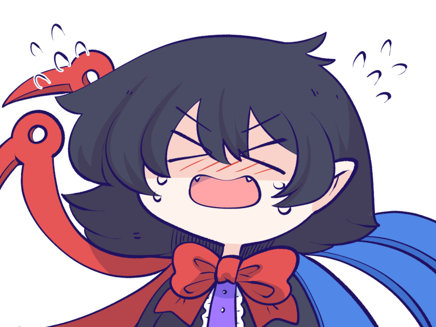 1girl asymmetrical_wings black_dress black_hair blue_wings blush bow bowtie buttons center_frills chahan_(fried_rice0614) chibi closed_eyes commentary_request crying dress fangs frilled_dress frills houjuu_nue nose_blush open_mouth pointy_ears red_bow red_bowtie red_wings short_hair simple_background solo touhou upper_body white_background wings
