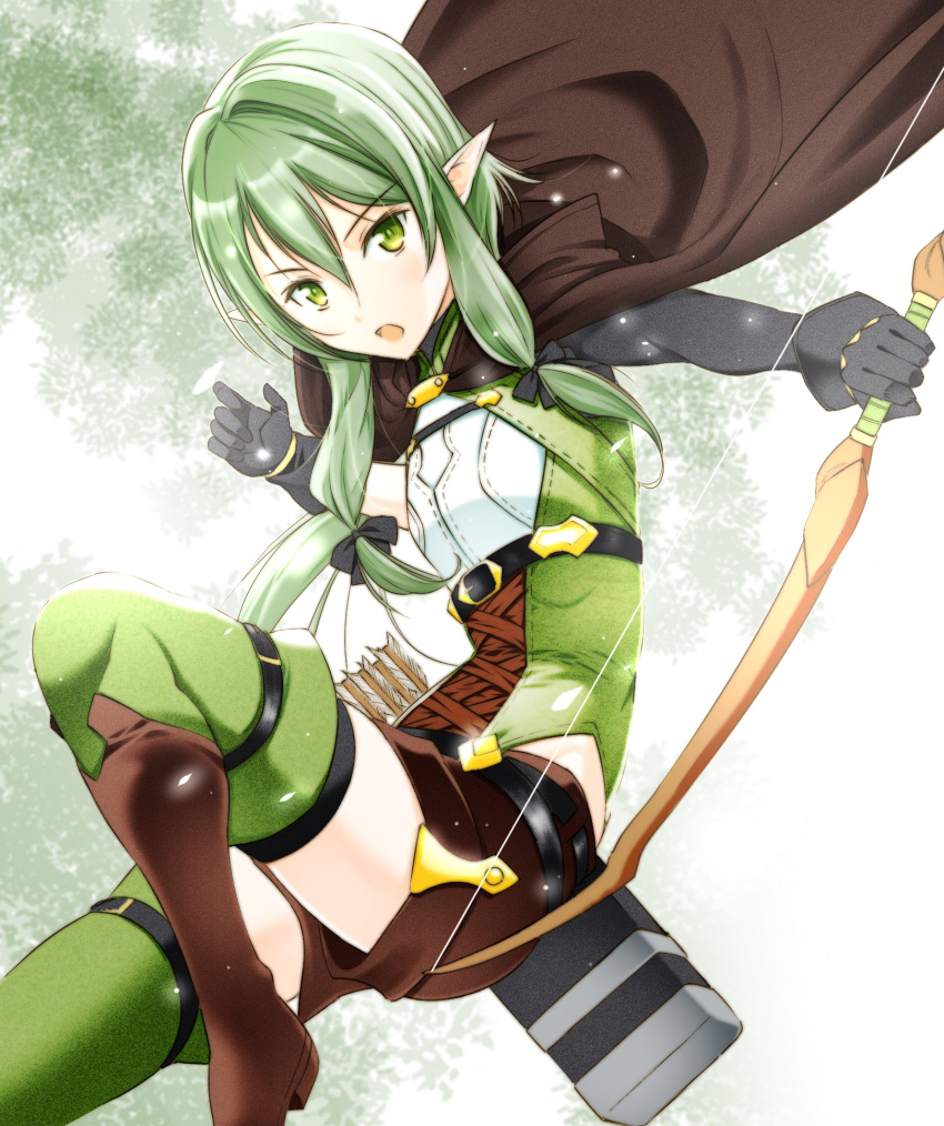 1girl arrow_(projectile) black_cape black_gloves black_ribbon boots bow_(weapon) brown_footwear brown_shorts cape elf gloves goblin_slayer! green_eyes green_hair green_shirt green_thighhighs hair_ribbon high_elf_archer_(goblin_slayer!) highres holding holding_bow_(weapon) holding_weapon leg_up light_particles long_hair looking_at_viewer moonsorrow open_mouth pointy_ears quiver ribbon shirt short_shorts shorts sidelocks sleeveless sleeveless_shirt solo thigh-highs thigh_strap weapon