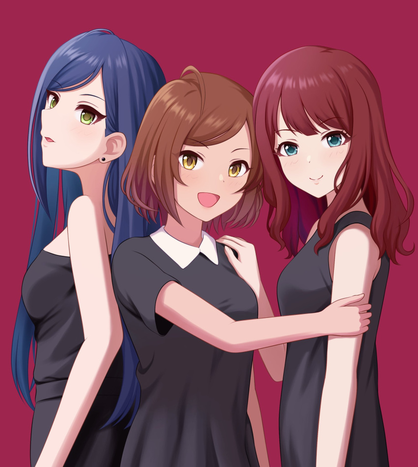 3girls ahoge back-to-back black_dress blue_eyes blue_hair breasts brown_hair commentary contamination_(contami0813) dot_nose dress earrings green_eyes hand_on_another's_shoulder highres idolmaster idolmaster_cinderella_girls im_yujin jewelry juney long_hair looking_at_viewer medium_breasts medium_hair multiple_girls open_mouth parted_lips red_background redhead ryoo_haena sidelocks sleeveless sleeveless_dress smile strapless strapless_dress yellow_eyes