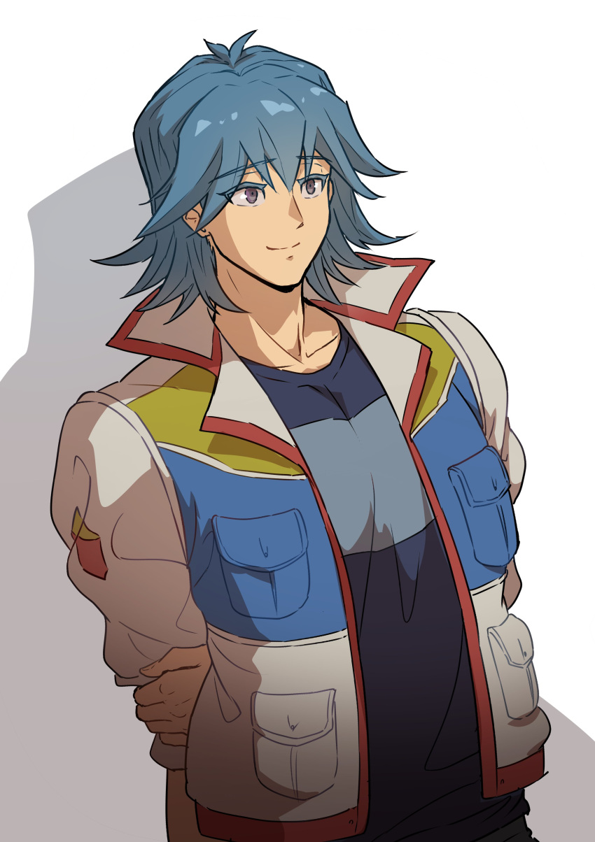 1boy absurdres arm_behind_back blue_hair blue_shirt breast_pocket bruno_(yu-gi-oh!) grey_eyes hand_on_own_arm high_collar highres jacket leaning leaning_to_the_side male_focus pants pocket raised_eyebrows shadow shirt simple_background sleeves_rolled_up smile solo t-shirt white_background white_jacket youko-shima yu-gi-oh! yu-gi-oh!_5d's