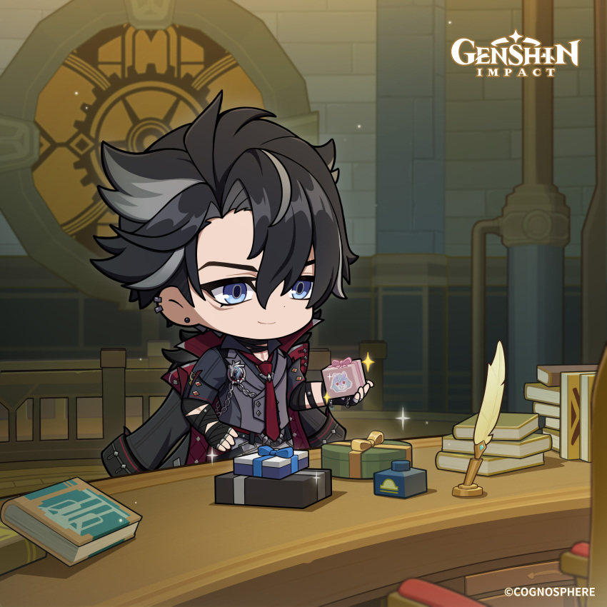 1boy absurdres black_gloves black_hair blue_eyes book box chain character_print chibi closed_mouth coat commentary copyright_name dot_nose earrings english_commentary fingerless_gloves genshin_impact gift gift_box gloves grey_coat grey_vest hair_between_eyes hand_on_own_hip highres indoors jewelry long_sleeves male_focus multicolored_hair necktie official_art parted_bangs quill red_necktie scar short_hair sparkle streaked_hair stud_earrings vest wriothesley_(genshin_impact)
