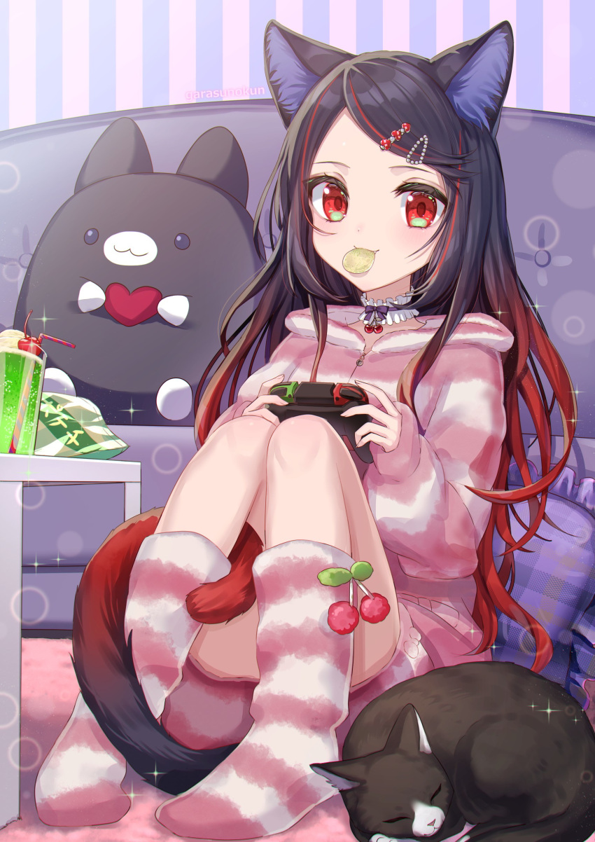 1girl absurdres animal_ear_fluff animal_ears bag_of_chips black_hair cat cat_ears cat_girl cat_tail chips_(food) controller couch fang fang_out food full_body game_controller gamepad gradient_hair highres hood hoodie long_hair long_sleeves looking_at_viewer loungewear mouth_hold multicolored_hair original pink_hoodie pink_shorts pink_socks potato_chips red_eyes redhead ruri-urasue-1224 shorts sitting smile socks striped striped_hoodie striped_shorts striped_socks stuffed_animal stuffed_toy table tail white_hoodie white_shorts white_socks