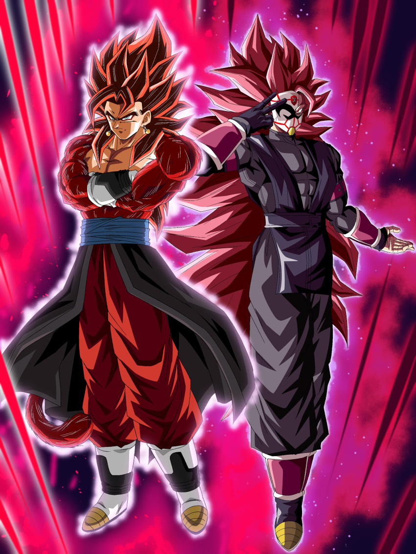 absurdres aura blue_eyes blue_sash body_fur broken_mask closed_mouth commentary_request crimson-masked_saiyan dougi dragon_ball dragon_ball_heroes dragon_ball_z_dokkan_battle earrings gloves goku_black highres jewelry long_hair long_sleeves looking_at_viewer male_focus mask monkey_boy monkey_tail multiple_boys muscular muscular_male no_nipples pants pectorals pink_fur pink_hair potara_earrings red_eyes red_fur redhead saiyan sash single_glove spiky_hair super_full_power_saiyan_4_limit_breaker super_saiyan super_saiyan_3 super_saiyan_4 super_saiyan_rose super_saiyan_rose_full_power tail time_breaker_mask time_patrol_(dragon_ball) tomatojuice411 vegetto vegetto_(xeno)