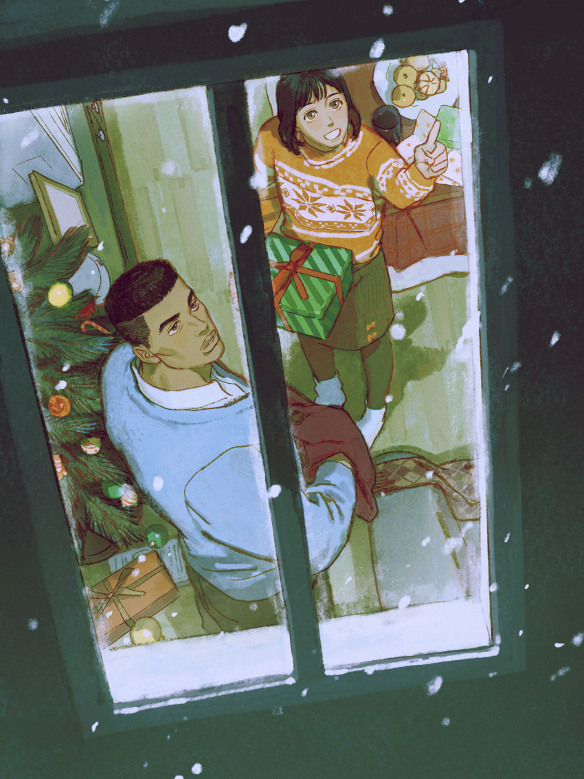 1boy 1girl absurdres akagi_haruko akagi_takenori arm_up blue_sweater bob_cut bowl box brother_and_sister chengongzi123 christmas christmas_tree commentary english_commentary food from_above from_outside fruit gift gift_box green_skirt highres holding holding_gift index_finger_raised long_sleeves looking_to_the_side looking_up mandarin_orange miniskirt night no_shoes open_mouth orange_sweater pantyhose pencil_skirt pointing short_hair siblings skirt slam_dunk_(series) snowing socks standing sweater table undercut white_socks window