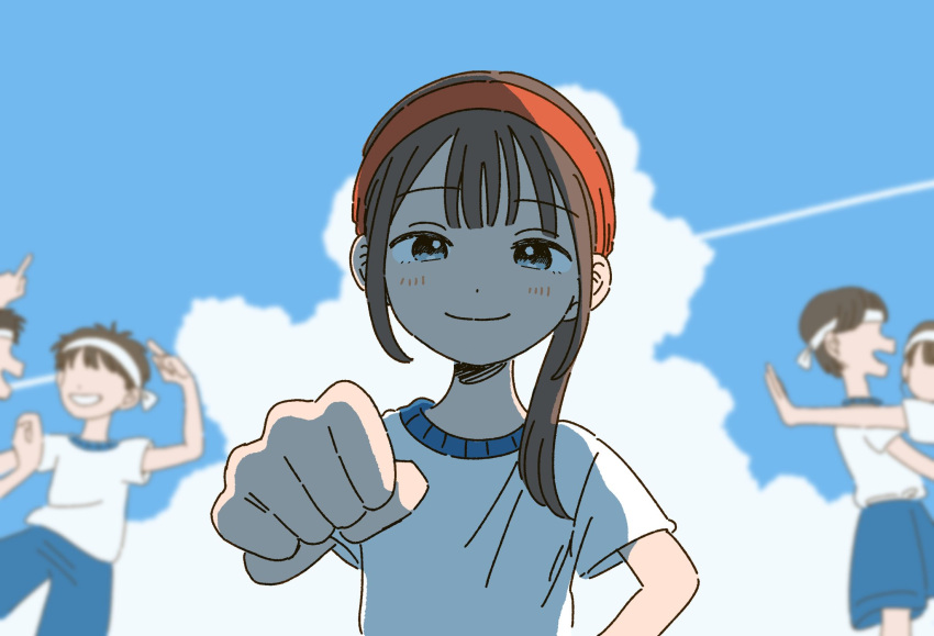 1girl blue_eyes blue_shorts blue_sky brown_hair clenched_hand closed_mouth clouds gym_uniform headband highres light_blush looking_at_viewer medium_hair original outdoors people pov red_headband shirt short_sleeves shorts sky smile solo_focus upper_body wakaba_maekawa white_shirt