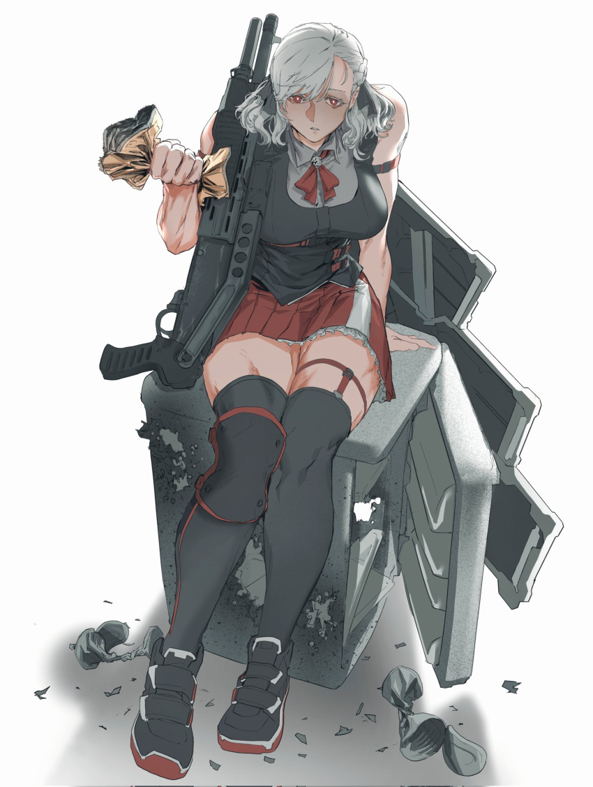 1girl black_footwear black_thighhighs breasts can commission crushed_can girls_frontline gun highres knee_pads large_breasts maxturbo69 medium_hair parted_lips pump_action red_eyes red_skirt refrigerator shield shoes shotgun sitting skirt sneakers spas-12 spas-12_(girls'_frontline) thigh-highs weapon white_background white_hair
