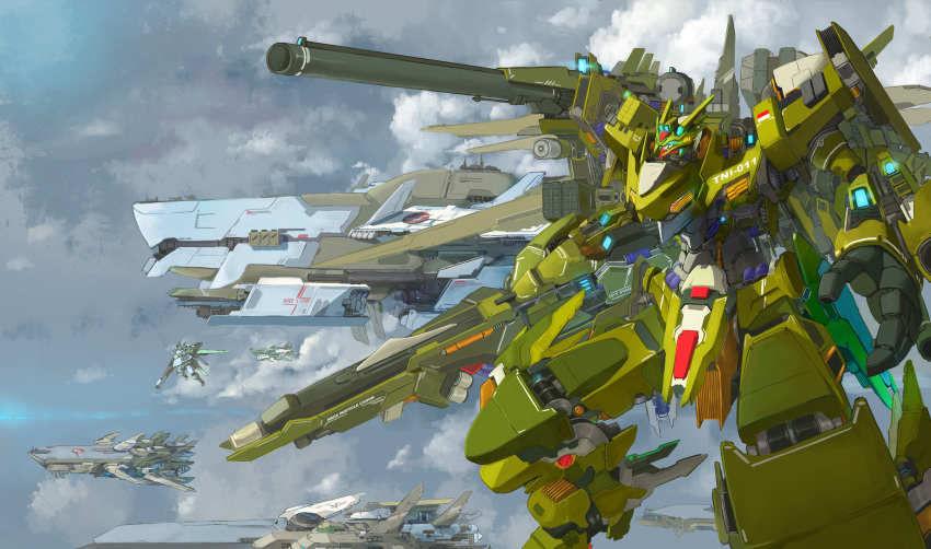 absurdres beam_rifle clouds dony_satriyo energy_cannon energy_gun english_commentary fleet flying glowing gunpod highres lights machinery mecha no_humans original robot science_fiction shoulder_cannon spacecraft takayama_toshiaki_(style) weapon