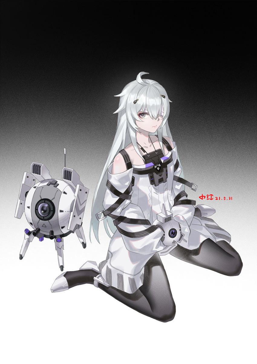 1girl 1other ahoge angry bandage_over_one_eye black_pantyhose dated detached_sleeves dress grey_dress grey_eyes grey_hair highres holding long_hair long_neck looking_at_viewer mechanical_foot no.21's_buddy_(punishing:_gray_raven) no.21:_xxi_(punishing:_gray_raven) no.21_(punishing:_gray_raven) non-humanoid_robot pale_skin pantyhose punishing:_gray_raven robot shui_qian_he_kafei sleeves_past_fingers sleeves_past_wrists suspenders very_long_hair