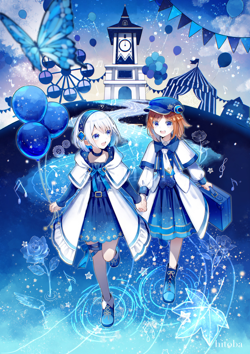 2girls :d absurdres artist_name balloon blue_dress blue_eyes blue_footwear blue_theme boots briefcase brown_hair bug butterfly circus_tent cloak clock clock_tower commentary_request crescent crescent_hat_ornament crescent_print dress ferris_wheel flower gears hairband hat hat_ornament highres hitoba holding holding_balloon holding_briefcase holding_hands hood hooded_cloak leaf looking_at_another maple_leaf multiple_girls musical_note necktie original promotional_art rose sample_watermark smile star_(symbol) star_print string_of_flags tower treble_clef watermark white_cloak white_necktie