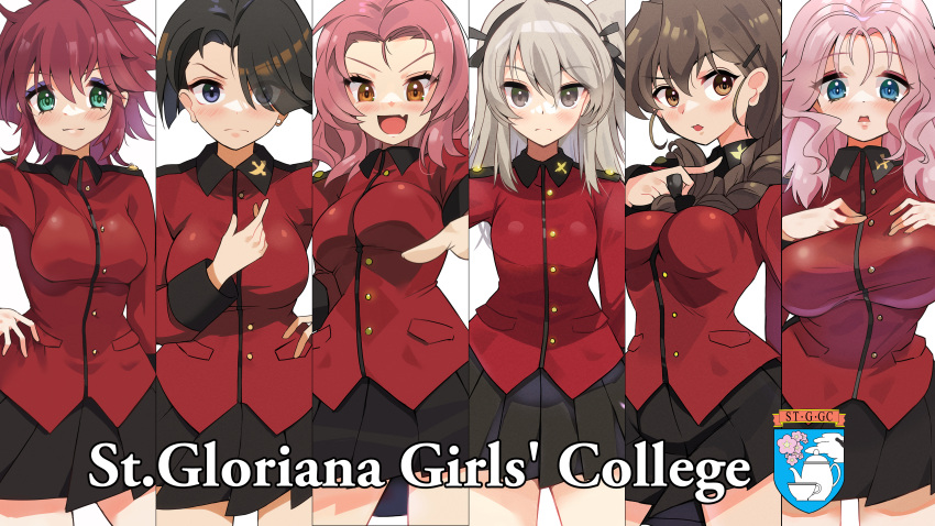 6+girls absurdres arm_behind_back black_hair black_ribbon black_skirt blaze_(blazeillust) blue_eyes braid braided_ponytail breasts brown_eyes brown_hair closed_mouth commentary_request cowboy_shot cranberry_(girls_und_panzer) cup earrings emblem english_text eyeliner frown girls_und_panzer girls_und_panzer_saishuushou green_eyes hair_ornament hair_over_one_eye hair_over_shoulder hair_ribbon hairclip hand_on_own_hip hands_on_own_chest highres holding holding_cup holding_hair jacket jewelry large_breasts light_brown_hair long_hair long_sleeves looking_at_viewer makeup medium_hair messy_hair military_uniform miniskirt multiple_girls odd_one_out official_alternate_costume one_side_up open_mouth partial_commentary peach_(girls_und_panzer) pink_hair pleated_skirt pointing pointing_at_viewer red_jacket redhead ribbon rosehip_(girls_und_panzer) rukuriri_(girls_und_panzer) shimada_arisu short_hair single_braid skirt smile spilling spoilers st._gloriana's_(emblem) st._gloriana's_military_uniform standing tea teacup uniform vanilla_(girls_und_panzer) wavy_hair