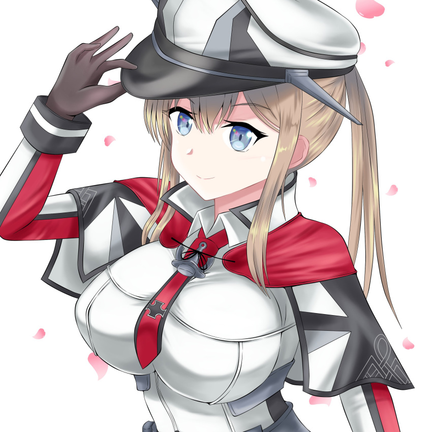 1girl absurdres blonde_hair breasts capelet celtic_knot country_connection cross graf_zeppelin_(kancolle) hat highres iron_cross kantai_collection large_breasts military_hat military_uniform nipa_(graf_xsr900) peaked_cap solo twintails uniform upper_body