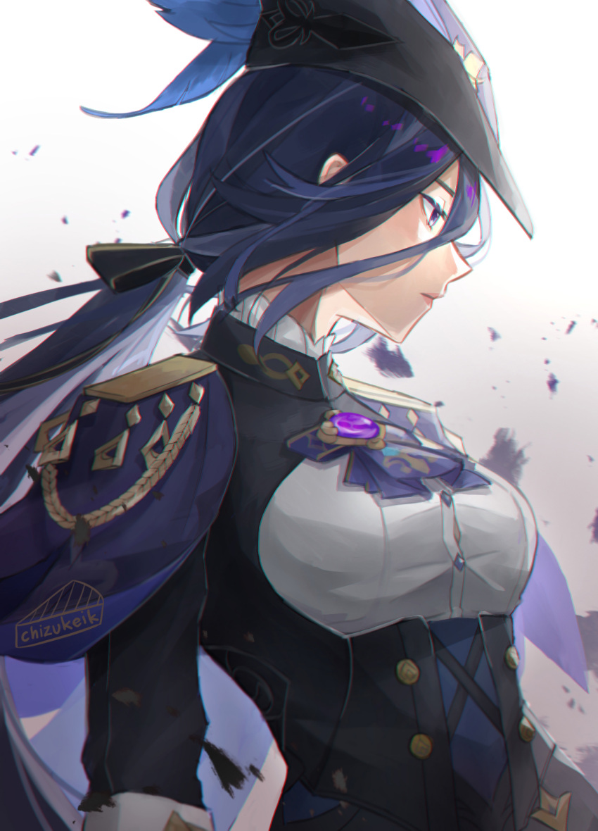 1girl aiguillette artist_name black_corset black_headwear black_ribbon blue_hair bow bowtie breasts buttons cape chizukeik clorinde_(genshin_impact) closed_mouth commentary corset dark_blue_hair english_commentary expressionless eyelashes genshin_impact hair_between_eyes hair_ribbon hat hat_feather highres long_hair long_sleeves looking_to_the_side low_ponytail medium_breasts multicolored_hair ponytail profile purple_bow purple_bowtie purple_cape ribbon shirt sidelocks simple_background solo streaked_hair tricorne upper_body violet_eyes vision_(genshin_impact) white_background white_shirt