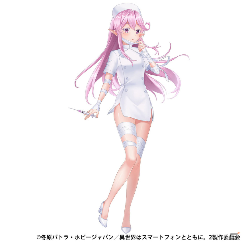 1girl blush breasts dress elf full_body hair_between_eyes halloween_costume hat holding holding_syringe isekai_wa_smartphone_to_tomo_ni. long_hair looking_at_viewer mask mouth_mask nurse nurse_cap open_mouth pink_eyes pink_hair pointy_ears short_sleeves simple_background skirt solo standing syringe thigh-highs white_background white_dress