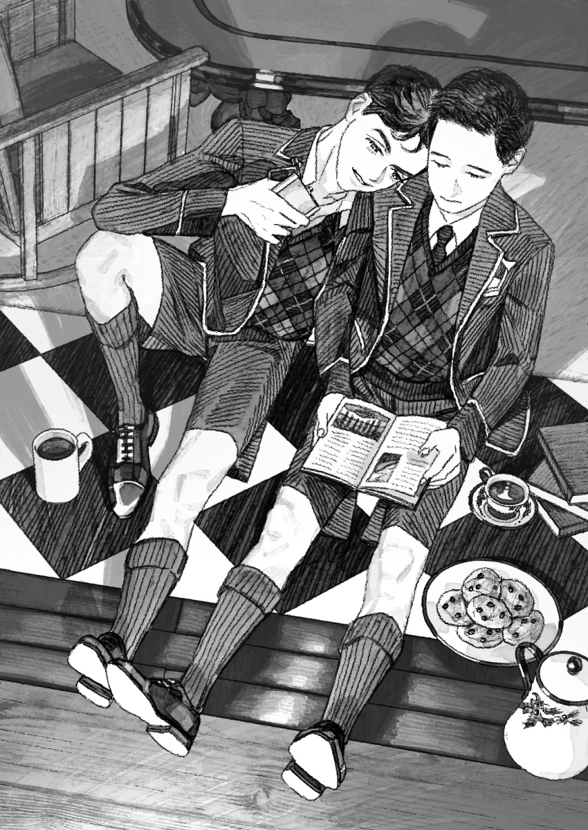 2boys ankle_socks book child closed_eyes closed_mouth coat collared_coat collared_shirt cookie cup food full_body greyscale highres hip_flask holding holding_book indoors jaddddan knee_up leaning_on_person long_sleeves looking_at_viewer male_focus monochrome mug multiple_boys necktie original oxfords plaid plaid_vest school_uniform shirt short_hair shorts smile socks solo tea teacup teapot very_short_hair vest