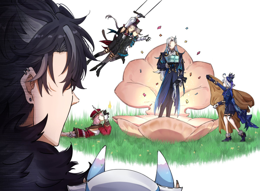 3boys 4girls ahoge animal_ears black_hair blue_hair box camera cat_ears cat_girl cat_tail charlotte_(genshin_impact) coat comedy commentary_request confetti dress ear_piercing earrings faceless faceless_female faceless_male furina_(genshin_impact) genshin_impact gift gift_box grey_hair hanging hat height_difference highres holding holding_camera holding_gift jewelry long_hair long_sleeves looking_at_another lying lynette_(genshin_impact) lyney_(genshin_impact) medium_hair multicolored_hair multiple_boys multiple_girls neuvillette_(genshin_impact) on_stomach pants piercing pink_hair shoes shorts sigewinne_(genshin_impact) standing swinging tail taking_picture two-tone_hair very_long_hair wriothesley_(genshin_impact) yuka_(pixiv38407039)