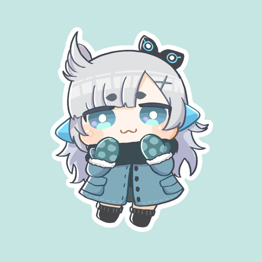1girl :3 and_uge black_footwear black_shirt blue_background blue_coat blue_eyes blue_mittens blush bright_pupils buttons chibi closed_mouth coat commentary full_body grey_hair grey_skirt hair_ornament hairpods highres long_hair looking_at_viewer medium_bangs mittens nanashi_inc. outline sanpaku shiechyan shirt shoes simple_background skirt smile solo symbol-only_commentary thick_eyebrows virtual_youtuber white_outline white_pupils winding_key x_hair_ornament