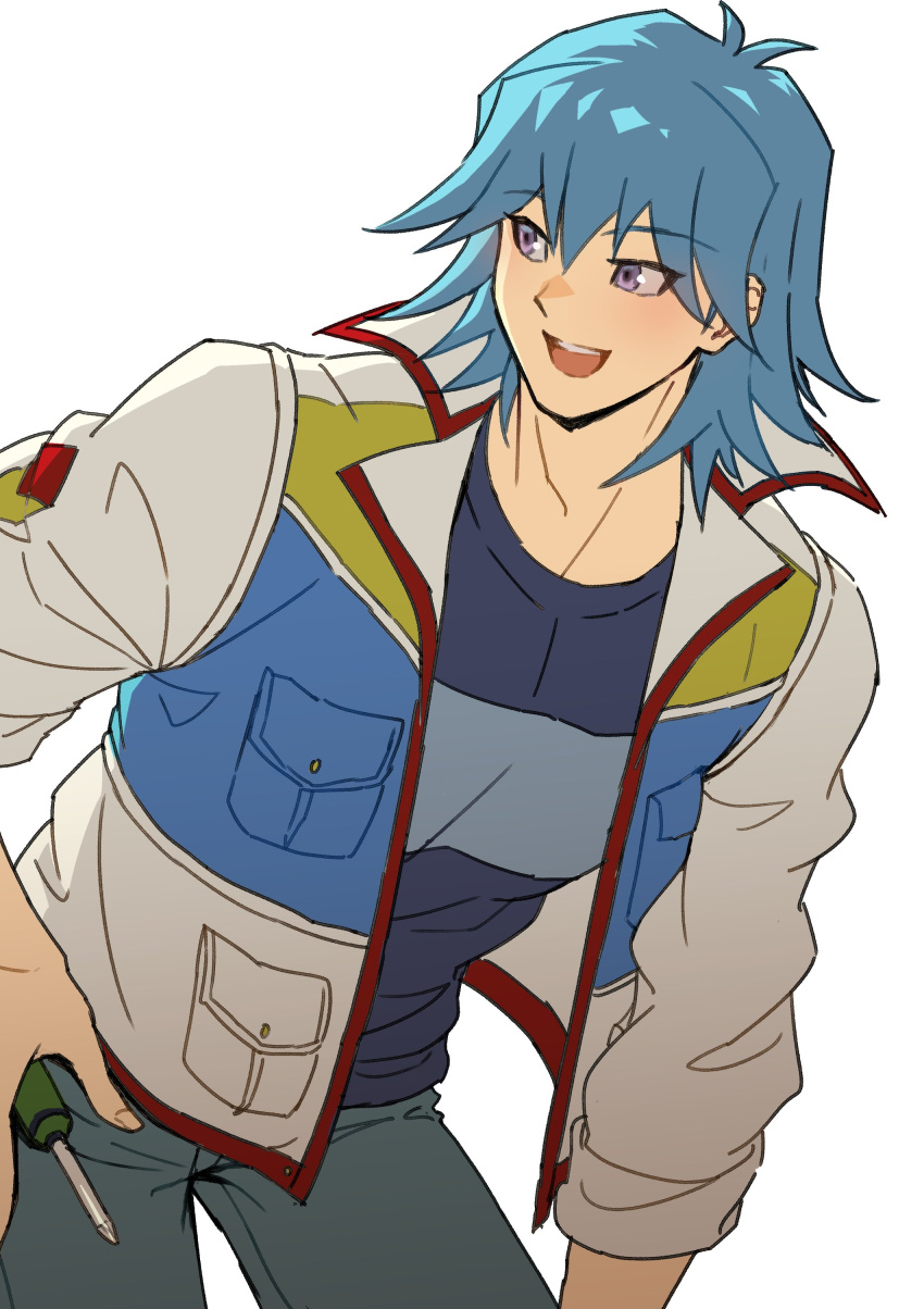 1boy absurdres blue_hair blue_shirt bruno_(yu-gi-oh!) denim hand_on_own_hip hand_on_own_knee happy high_collar highres holding holding_screwdriver jacket jeans leaning leaning_forward long_sleeves looking_to_the_side male_focus open_mouth pants screwdriver shirt short_hair simple_background smile solo t-shirt violet_eyes white_background youko-shima yu-gi-oh! yu-gi-oh!_5d's